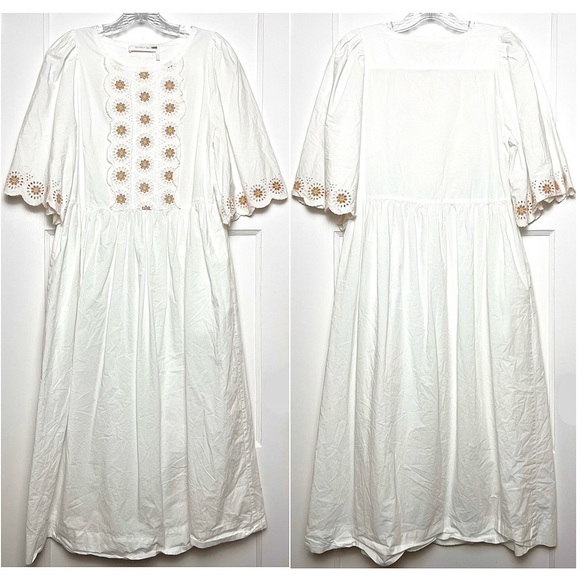 SEE BY CHLOE Floral Eyelet Embroidered Puff Short Sleeve Scalloped Midi Dress 6 - Picture 10 of 16